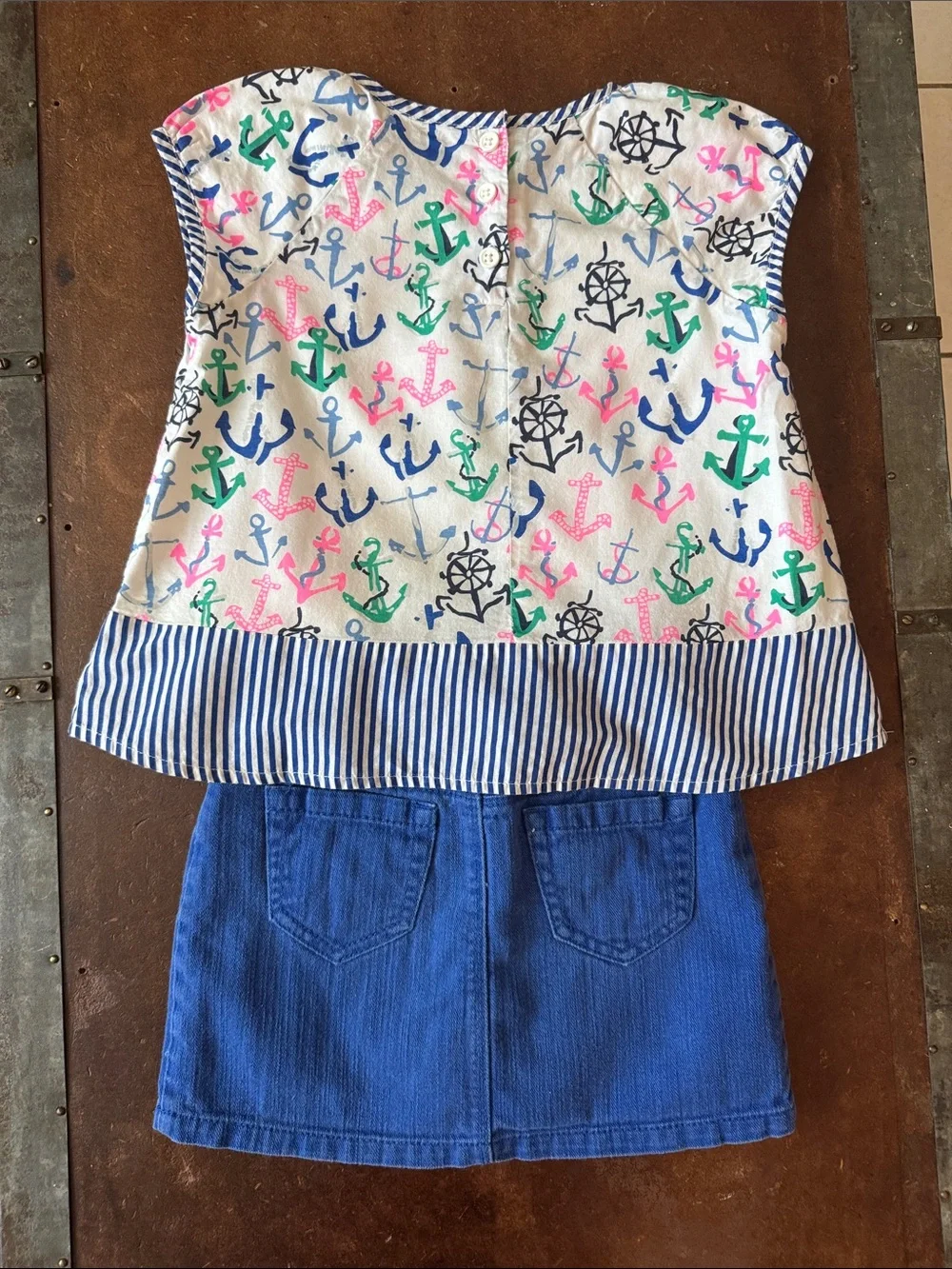 Gymboree White Nautical Anchor Print Top with Blue Denim Skirt